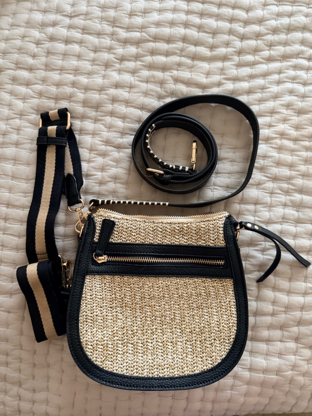 Crown Vintage Woven Straw Crossbody Bag with Black Trim & 2 Straps